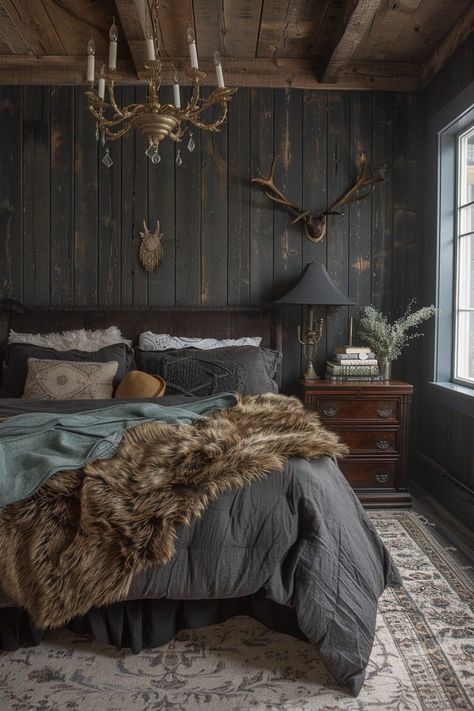 29 Rustic Boho Witchy Bedroom Ideas to Transform Your Space 10 Viking Inspired Living Room, Viking Style Home Decor, Viking Style Bedroom, Dark Green Forest Bedroom, Moody Cabin Bedroom, Moody Forest Bedroom, Forest Witch Decor, Viking Bedroom Aesthetic, Bedroom Ideas Black Wall