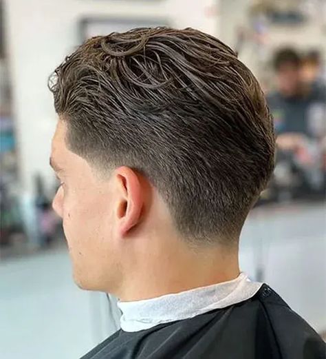 Thick Slick Back with Low Taper Fade on Sides and Back. This collection of tapered neckline haircuts is stylish, masculine and fashion-forward. Find the most popular men’s hairstyles with cool neck taper ideas. Slicked Back Mens Haircut, Natural Hair Styles Men, Long Fade Haircut Men, Mens Haircut Back View, Men Taper Haircut, Fade With Long Hair On Top, Mens Taper Fade Haircut, Dad Haircut, Mens Haircut Undercut