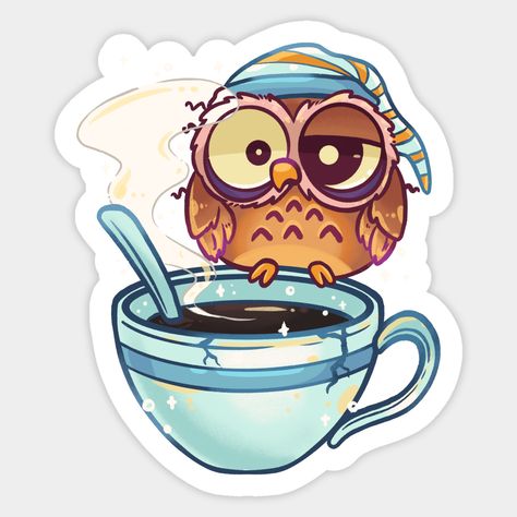 sleepy owl needs coffee -- Choose from our vast selection of stickers to match with your favorite design to make the perfect customized sticker/decal. Perfect to put on water bottles, laptops, hard hats, and car windows. Everything from favorite TV show stickers to funny stickers. For men, women, boys, and girls. Cartoon Owls, Coffee Meme, Owl Coffee, Owl Stickers, Funny Owls, Reference Art, Coffee Drawing, Owl Cartoon, Need Coffee