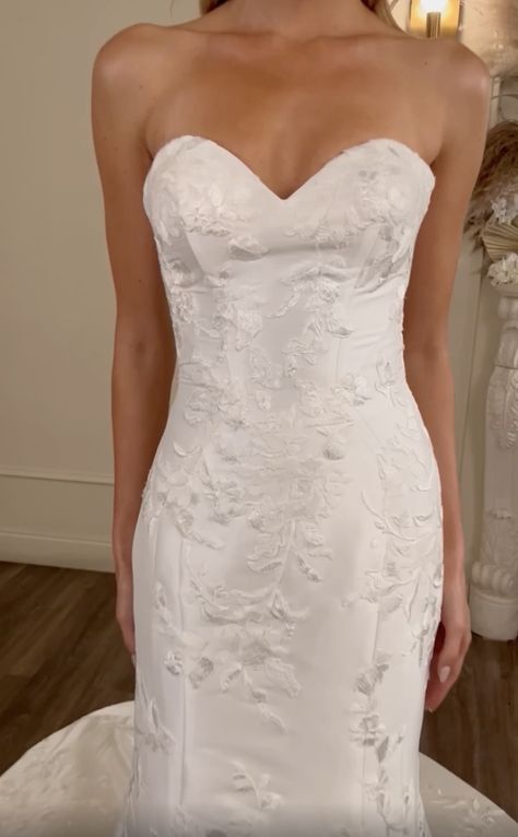 Mikado fit to flare gown with allover lace applique, strapless sweetheart neckline. Strapless Lace Fit And Flare Wedding Dress, Mikado Wedding Dress, Strapless Lace Wedding Dress, Kelly Faetanini, Gown Designer, Classy Wedding Dress, Flare Gown, Silk Wedding Dress, Strapless Sweetheart Neckline