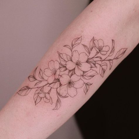 Cherry Blossom Around Arm Tattoo, Pear Tree Blossom Tattoo, Flower Tattoo Cherry Blossom, Apple Tree Blossom Tattoo, Cherry Blossom Hip Tattoos Women, Flower Tattoos Cherry Blossoms, Fine Line Cherry Blossom Tattoo Design, Hawthorne Tattoo Flowers, Apple Blossom Flower Tattoo