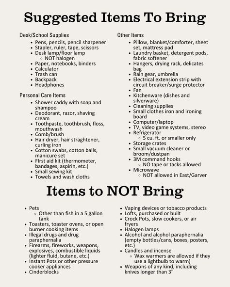 Here's a list of the do's and don'ts for college dorms #Dormessentials Things To Buy For Your Room List, Best Devices For College, Dorm Room For 4 People, Dorm Organizing Ideas, College Dorm Neccesities, College Dorm Dark Academia, Before College To Do List, What You Need For College, College Dorm Color Schemes