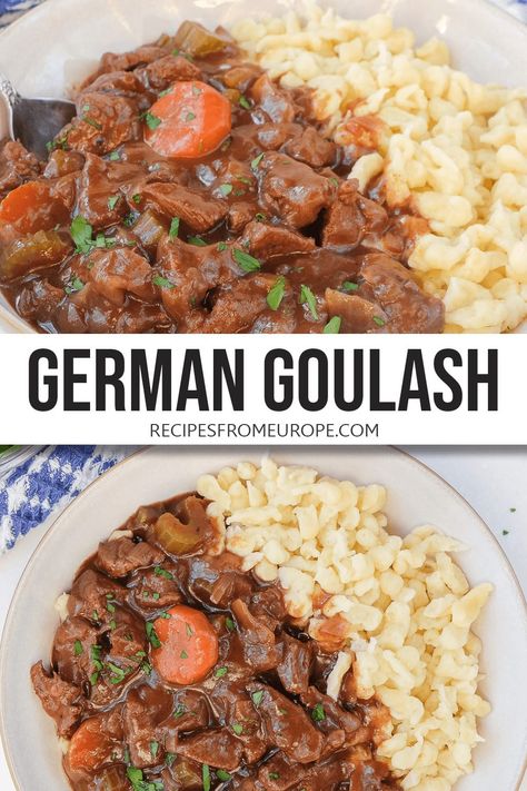 Looking to make a hearty German goulash? This rich and meaty dish is easy to make and serves well with spaetzle, bread dumplings, and more! #germanrecipes #beefrecipes German Goulash, Beef And Pasta, Easy German Recipes, German Food Authentic, Bread Dumplings, European Dishes, Goulash Recipe, Perfect Roast, Oktoberfest Food