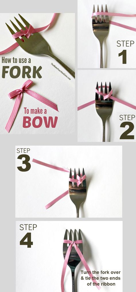 easy diy tutorial to make a mini fork ribbon bow How To Make A Bow With Ribbon Using A Fork, Fork Ribbon Bow, Tie A Bow With A Fork, Bow Fork How To Make, Bow With Fork How To Make, Make A Bow With A Fork, Tie Bow With Fork, Bow Tie Tutorial Ribbons, How To Make A Bow With A Fork