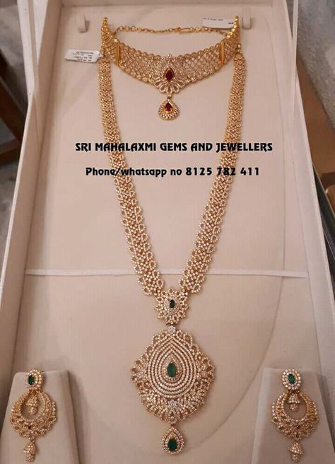 Choker and long necklace set Wedding Jewelry Sets Bridal Jewellery, Bridal Diamond Necklace, Indian Bridal Jewelry Sets, Antique Jewellery Designs, Jewelry Set Design, Diamond Necklace Designs, Gold Jewelery, Gold Necklace Indian Bridal Jewelry, Bridal Diamond Jewellery