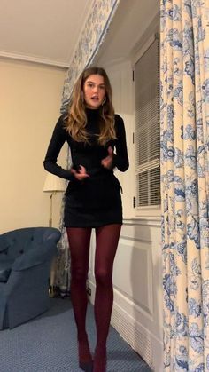 Holiday Party Dress Casual, Christmas Party Inspo Outfit, Lbd Outfit Winter, Night Out In San Francisco Outfit, Extra Winter Outfits, Going Out Outfits Late 20s, Wine Tights Outfit, Christmas Party Outfit Aesthetic, Maroon Stockings Outfit