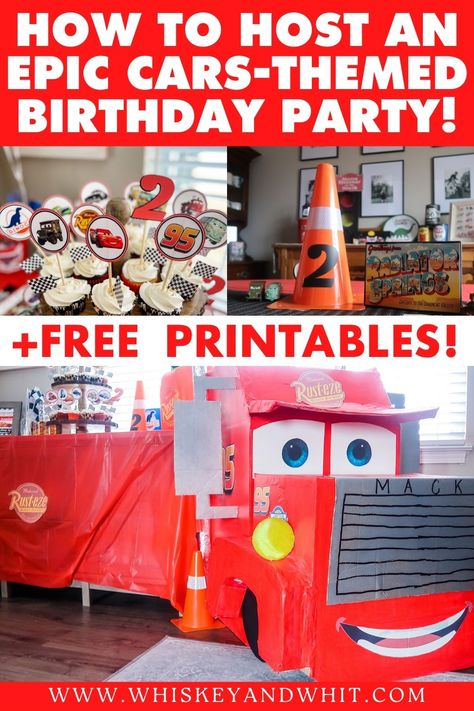 How I pulled off an EPIC DIY Disney Cars 2nd birthday party for CHEAP! 🏁 Lighting McQueen Party - Whiskey & Whit Pixar Cars Birthday Party Activities, Pixar Cars Two Fast Birthday, Pixar Cars Birthday Cake Diy, Disney Mack Truck Eyes Printable, Cars Birthday Party Printables Free, Pixar Cars Birthday Party Diy, Disney Cars Birthday Dessert Table, Cars Themed Birthday Party Games, Cars Theme Birthday Party Tow Mater