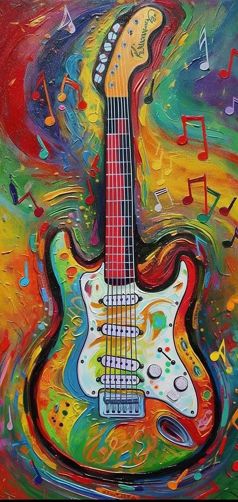 electric guitar, music notes Acrylic Painting Of Guitar, Abstract Guitar Art, Music Based Art, Art Based On Music, Guitar Painting Acrylic, Painting On Guitar Ideas, Instrument Artwork, Guitar Painting Ideas, Abstract Guitar Painting