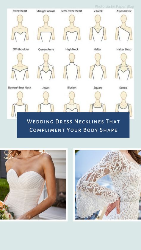Find the best neckline shapes to compliment your body type. Plus see wedding dress styles and celebrities with the same body type to find your dream dress. Best Wedding Dress For Flat Chest, Wedding Dresses For Each Body Type, Jewel Wedding Dress Neckline, What Style Wedding Dress For My Shape, Best Wedding Dress For Small Chest, Wedding Dresses For Your Body Type, Wedding Dresses For Body Type, Best Wedding Dress For Wide Shoulders, Wedding Gown Shapes