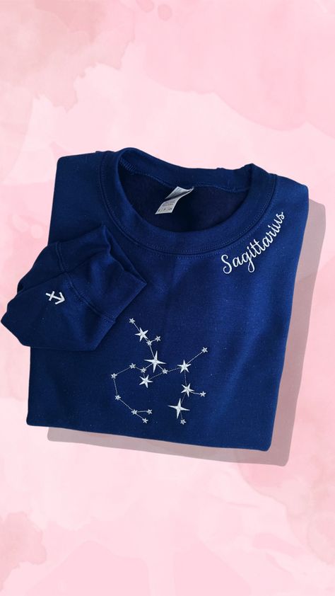 Visit Fairy Confectionery’s Etsy shop to get your zodiac sign! Zodiac Sign Embroidery, Small Embroidery Designs On Tshirt, Sagittarius Fairy, Zodiac Embroidery, Sagittarius Season, Astrology Shirt, Basic Hand Embroidery Stitches, Sagittarius Sign, Embroidery Tshirt