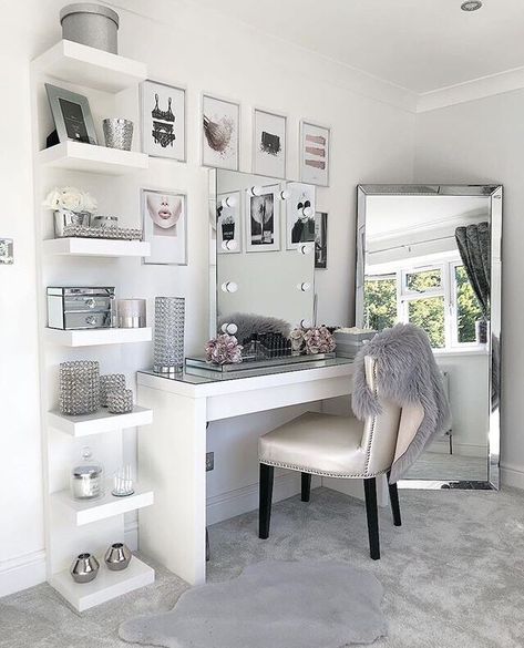 Dressing room goals from @no40_home_renovation featuring our Diaz Hollywood Mirror | Dressing Table | Dressing Table Ideas | Dressing Table Organisation | Dressing Table Decor | Dressing Table Chair | Dressing Table Mirror | Dressing Table Modern | Dressing Table Stool #dressingtable #dressingtables #dressingtablemirror #dressingtablestool #dressingtablemirrors #mirroreddressingtable #dressingtablechair #moderndressingtable #dressingtablewithmirror #dressingtablemirrorwithlights Bilik Tidur Perempuan, Reka Bentuk Bilik Tidur, Dressing Table Decor, Bilik Idaman, Dressing Room Decor, Makeup Room Decor, White Desk, Bedroom Decor For Teen Girls, Hiasan Bilik