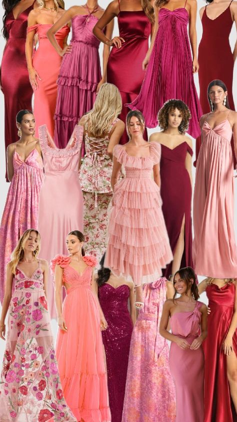 mismatched bridesmaid dresses, pinks and reds #bridesmaids #bridalparty #romantic #colorpalette Bubblegum Pink Bridesmaid Dress, Pink Bridesmaids Mismatched, Pink Different Bridesmaid Dresses, Summer Red Bridesmaid Dresses, Different Shades Of Red Bridesmaid Dress, Shades Of Pink Bridal Party, Color Pallet Bridesmaid Dresses, Pink Palette Bridesmaid Dresses, Flamingo Pink Bridesmaid Dresses