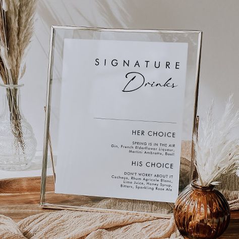 Modern Minimalist Signature Drinks Sign #zazzle #weddinginvitations #birthdayinvitations #babyshowerinvitations #zazzleinvitations #monogram #businesscards #graduation #homedecor His And Hers Drinks, Bohemian Chic Weddings, Elegant Signature, Signature Drink Sign, Wedding Bar Menu, Drinks Sign, Menu Simple, Contemporary Typography, Black Calligraphy