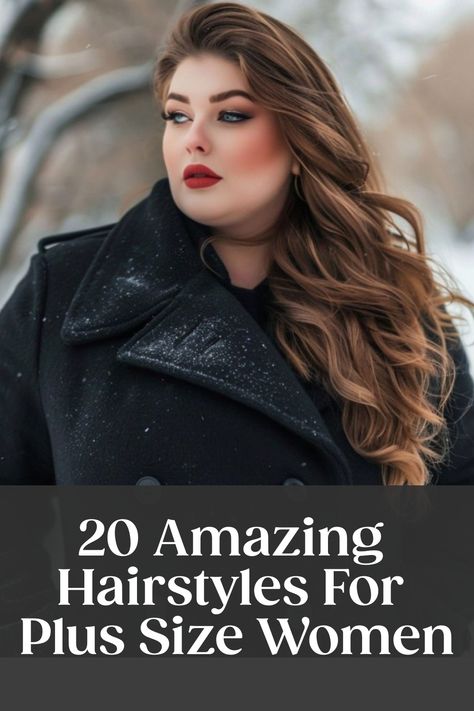 Woman with long, wavy hair and dark coat in snowy outdoor setting. Text: "20 Amazing Hairstyles For Plus Size Women". Hair Lengths For Plus Size Women, Long Bob Haircuts Plus Size, Haircut For Long Hair With Round Face, Long Hair With Layers For Round Face, Hair Colour For Round Face, Plus Size Haircut Straight Hair, Plus Size Fringe Hair, Haircuts For Fuller Faced Women, Plus Hairstyles Plus Size Women