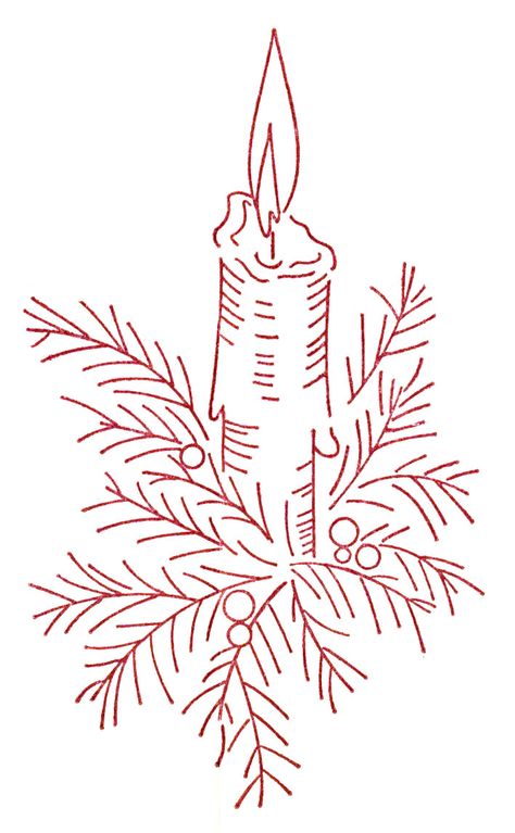 Candle Embroidery, Redwork Patterns, Christmas Embroidery Patterns, Pine Branches, Ornament Design, Redwork Embroidery, Embroidery Christmas, Embroidery Transfers, Paper Embroidery