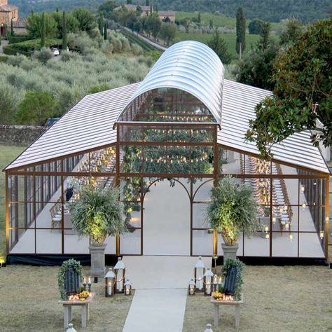 Unique Tent Wedding Ideas, Outdoor Venue Ideas Events, Unique Outdoor Wedding Venues, Green House Business, Farm Reception Ideas, Greenhouse Tent Wedding, Big Greenhouse Ideas, Open Air Pavilion, Farm Venue Ideas