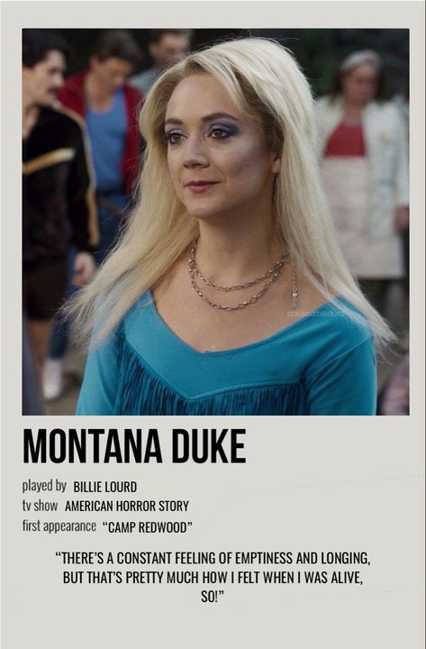 1984 Characters, Montana Duke, American Horror Story Characters, Ahs 1984, Ahs Characters, American Horror Story 3, American Horror Story Seasons, Billie Lourd, Character Poster