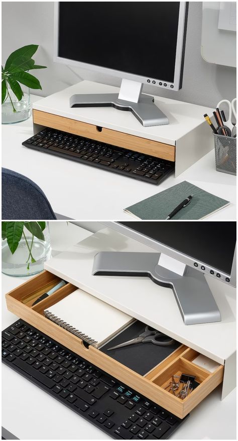 38 Desk Organizing Ideas That’ll Turn Your Office Into Clutter-Free Bliss in No Time (2023) - Living in a shoebox Ikea Elloven Monitor Stand, Monitor Stand With Drawer, Diy Monitor Stand Ideas Ikea Hacks, Multi Screen Desk Setup, Desktop Storage Ideas, Dual Monitor Desk Workspaces, Small Workspace Ideas, Desk Top Organization Ideas, Desk Set Up With Laptop And Monitor