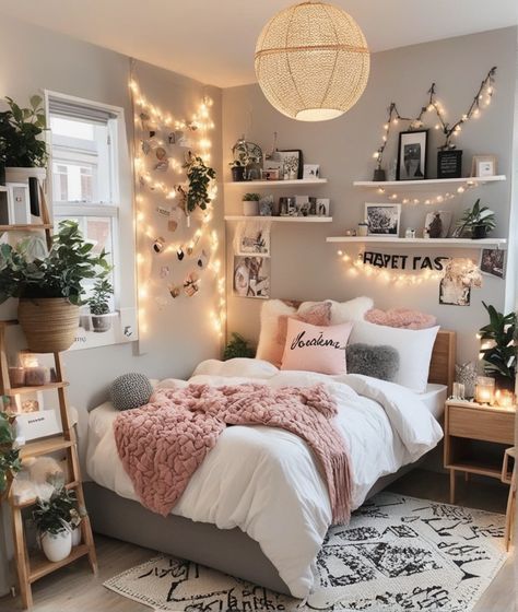 room decor Room inspiration Bedroom decor Personalization ideas Uni room ideas Dorm room decor Hanging Ivy Plants Washi-Tap Wall! Pompom Garlands! LED Lights Photo wall Snack and Drink Trolley Girl Rooms, Teenage Bedrooms, Colors Room, Teenager Bedroom, Bedrooms Furniture, Bed Small, Teens Bedroom, Aesthetic Bed, Bedroom Cozy