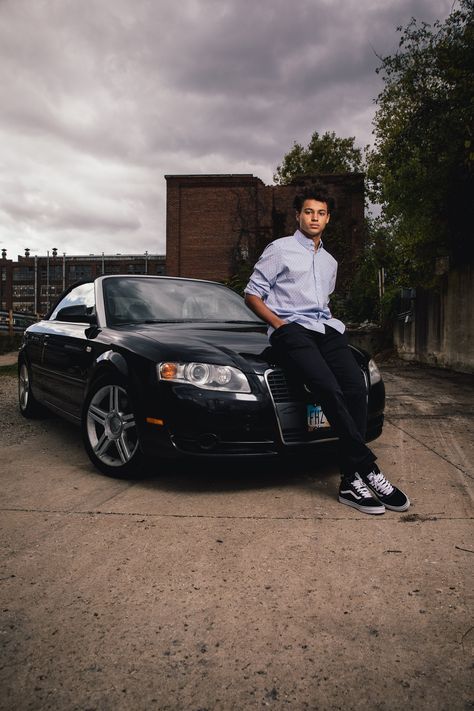 Cloudy sky. Cool car. Sharp guy. Done.  Senior portraits with Audi. Guy Senior Pictures With Car, Bmw Photoshoot, Pose With Car, Car Photography Ideas, Men Cars Photography, Sr Photos, Car Shoot, Classic Car Photoshoot, Senior Photos Boys