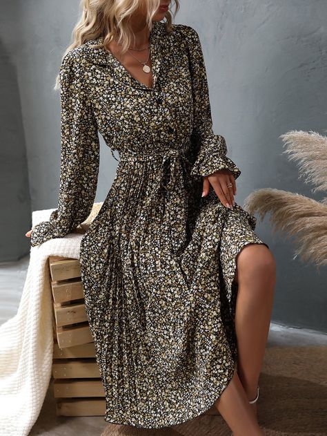 Multicolor Boho Collar Long Sleeve Woven Fabric Ditsy Floral Shirt Embellished Non-Stretch  Women Dresses Bohol, Long Sleeved Maxi Dress, Womens Fall Dresses, Fall Dress Ideas, Women Fall Dresses, Autumn Dresses, Womens Fall Dress, Seductive Style, Ditsy Floral Print