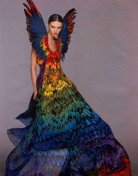 Alexander McQueen rainbow dress  from Fashion Designer Feathers Photoshoot, Parrot Dress, Fashion Fotografie, Outrageous Fashion, Mcqueen Fashion, Alexander Mcqueen Dresses, Savage Beauty, Paper Dress, Viktor Rolf