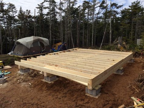 Basic framing for floor joist Cabin Foundation, Building A Small Cabin, How To Build A Log Cabin, Diy Cabin, Building A Cabin, Cabin Floor, House Foundation, Off Grid Cabin, Hunting Cabin