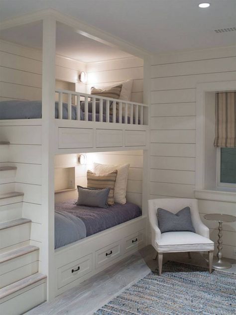 Built In Wall Bunk Beds...these are the BEST Bunk Bed Ideas! Built In Loft Bed Ideas, Two Children Bedroom, Kids Loft Bed Ideas, Small Bunk Beds, Lake House Bunk Rooms, Bunk Room Ideas, Bunk Beds For Girls Room, Bunk Beds Small Room, Modern Bunk