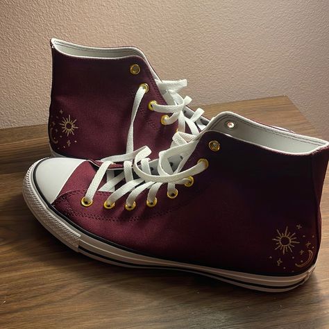 Nwt Customized Converse- Maroon With Star Embroidery, Gold Details. Women’s 12.5, Never Worn. Converse Diy Embroidery, High Top Converse Embroidery, Wedding All Stars Converse, Embroidery Designs For Shoes, Decorated Converse Ideas, Embroidered Converse High Tops Diy, Brown Embroidered Converse, Black Converse Custom Ideas, Red Converse Embroidery