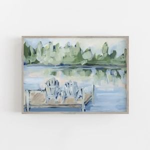 Down by the Lake | Jetty Home Lake Cabin Decor, Chair Art, Lake Scene, Tulips Art, Lake Cabin, Art Chair, Lake Landscape, Landscape Artwork, By The Lake