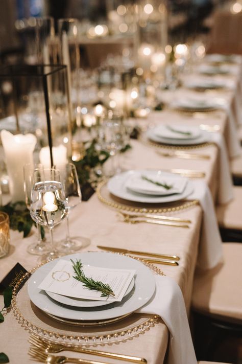 Wedding Plate Setting Greenery, Champagne And White Table Decor, Wedding Table Decorations Champagne, 2023 Wedding Tablescape, Winter Wedding Plate Setting, White Plates Table Setting Wedding, Winter Wedding Table Linens, Tan And Green Wedding Table Settings, Elegant Modern Wedding Table Settings