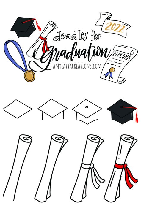 Image contains a collage of graduation themed doodles. Grad Cap Drawing Easy, Diploma Drawing Easy, Easy Diy Graduation Cards, How To Draw Graduation Cap, Graduation Canvas Ideas, Graduation Doodles Hand Drawn, Hand Drawn Graduation Cards, Graduation Cap Drawing Easy, Senior Drawing Ideas