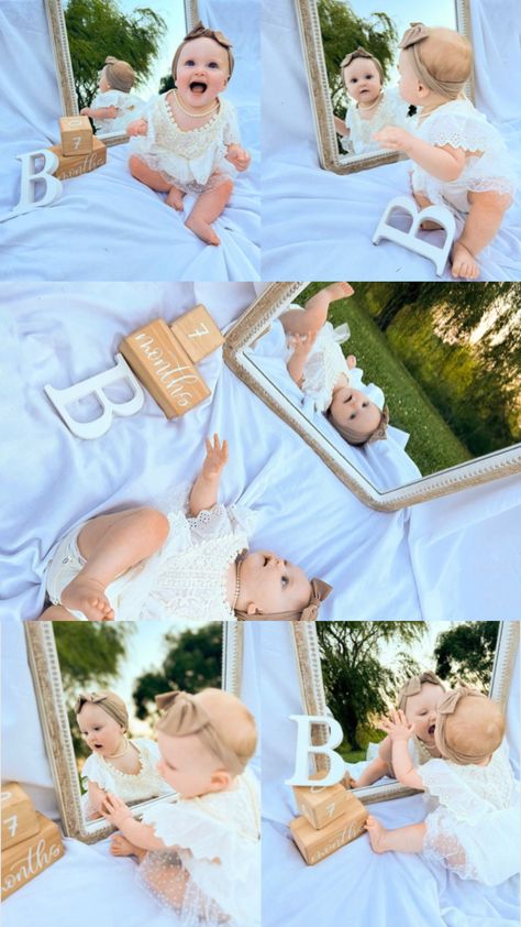 Photoshoot With Mirror, Milestone Photoshoot, 6 Month Baby Picture Ideas, 2nd Birthday Photos, Baby Birthday Photoshoot, Baby Mirror, Baby Milestones Pictures, Baby Milestone Photos, Mirror Diy