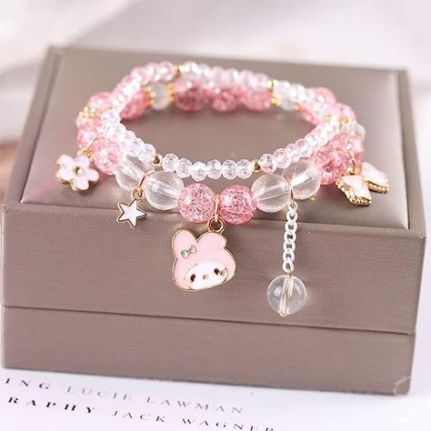 Kawaii My Melody charm bracelet! Cute flower, star, bow, and My Melody charms! On sale for $10.98 on amazon! Kawaii Bracelet, Girly Bracelets, Kuromi Cinnamoroll, Gelang Manik-manik, Pretty Jewelry Necklaces, Gelang Manik, Kawaii Jewelry, Jewelry Accessories Ideas, Kawaii Accessories