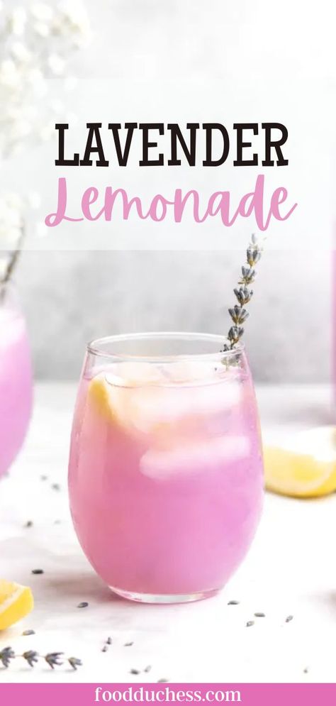 A classic summer time drink gets a floral fun twist in this Lavender Lemonade! This sweet, citrusy, and slightly floral drink is made by creating an easy to make lavender simple syrup, and mixing it with freshly squeezed bright, citrusy lemons, and then of course some ice cold water! As well, this Lavender Lemonade can easily be made sparkling, by substituting the water for club soda, and can also be made alcoholic with the addition of vodka! Perfect for a refreshing summertime sip! Honey Lavender Lemonade, Lemonade Lavender, Infused Lemonade, Lemonade Slushies, Flavored Lemonade, Homemade Lemonade Recipes, Lavender Recipes, Honey Lavender, Peach Lemonade