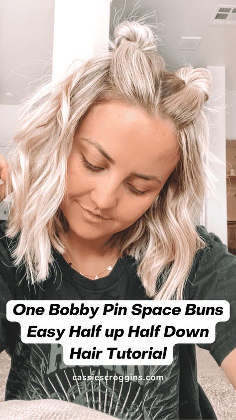 Down Hairstyle, Half Up Half Down Hairstyle, Space Buns Easy, Half Up Half Down Hair Tutorial, Space Buns Hair, Two Buns Hairstyle, Half Up Half Down Short Hair, Half Up Bun, Concert Hairstyles