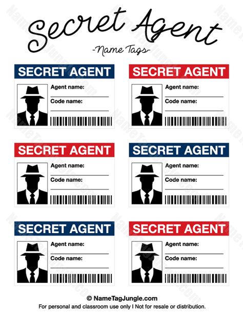 Free printable secret agent name tags. These would be great for a spy or secret agent party theme. Download the PDF at http://nametagjungle.com/name-tag/secret-agent/ Spy Kids Party, Geheimagenten Party, Secret Agent Party, Detective Party, Spy Birthday Parties, Detective Theme, Name Tag Templates, Mission Possible, Spy Party