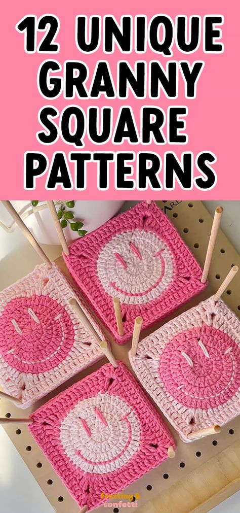 If you're looking for unique granny square patterns try this smiley face granny square. The pattern is quick and easy, perfect for those who want to make something special in a short amount of time. Crochet Perfect Square, Cute Crochet Granny Square Pattern, How To Use Granny Squares, Checkered Granny Square Pattern, Crochet Free Pattern Granny Square, Cute Granny Square Pattern Free, Granny Pattern Crochet, Crochet Granny Square Pattern Free Easy, What To Make With Granny Squares Ideas