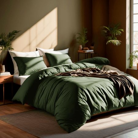 Upgrade your bedroom with the avocado dark green duvet cover king size. Crafted with meticulous attention to detail, this duvet cover set combines style and comfort to enhance your sleep experience. Made from premium materials, it offers a luxurious feel that will transform your bed into a cozy retreat. The duvet cover measures 104x90" and comes with 2 matching pillow shams for a complete and coordinated look. With a quality zipper closure, it's easy to insert and secure your favorite comforter. Please note that the COMFORTER IS NOT INCLUDED. Our duvet cover king size is designed to provide both elegance and functionality. Its dark green color adds a touch of sophistication to your bedroom decor, while the avocado pattern brings a fresh and contemporary vibe. The high-quality fabric ensure Moss Green Duvet Cover, Gold And Olive Green Bedroom, Dark Green Room Inspo Bedroom, Forest Green Bed Sheets, Dark Purple Duvet Cover, Bedding For Dark Green Walls, Olive Green Duvet Cover, Brown Black And Green Bedroom, Green Bedsheets Aesthetic