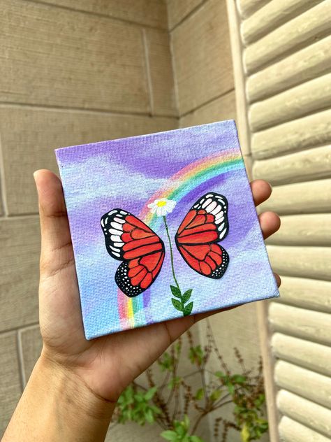 Rainbow Art Painting Acrylics, Rainbow Butterfly Painting, Butterfly Painting Ideas On Canvas, Butterfly Easy Painting, Rainbow Drawing Aesthetic, Aesthetic Butterfly Painting, Small Butterfly Painting, Hard Painting Ideas, Canvas Painting Butterfly