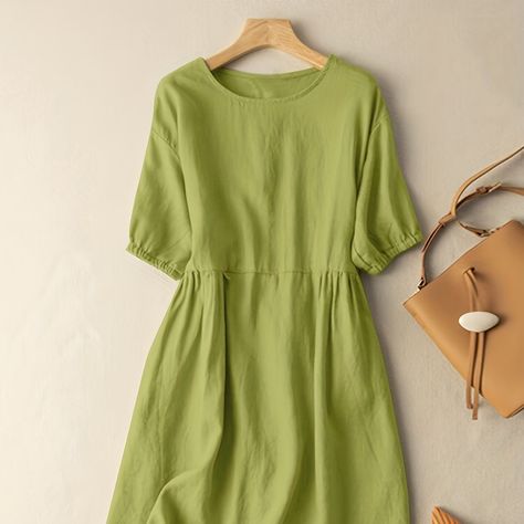 Cotton Dress Summer Casual, Casual Short Sleeve Dress, Casual Wear Women, Collared Shirt Dress, Summer Linen Dresses, Cotton Linen Dresses, Dress For Spring, Crewneck Dress, Wear Green