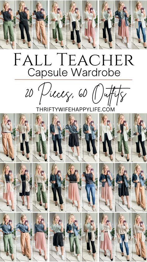 Fall Teacher Capsule Wardrobe: 20 pieces, 60 Outfits Teacher Wardrobe Capsule, Casual Teacher Outfits, Teacher Capsule Wardrobe, Fall Business Casual Outfits, Workwear Capsule Wardrobe, 60 Outfits, Business Casual Fall, Winter Teacher Outfits, Capsule Wardrobe Women