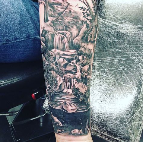 Waterfall Tattoo Waterfall Tattoo Forearm, Waterfall Forearm Tattoo, Waterfall Tattoo Sleeve, Japanese Waterfall Tattoo, Waterfall Tattoo Ideas, Waterfall Tattoo, Tattoo Therapy, Dinosaur Land, Hawaii Tattoos