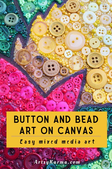 Button Art On Canvas Diy, Button Art On Canvas, Diy Button Crafts, Button Wall Art, Vintage Buttons Crafts, Button Art Projects, Button Canvas, Buttons Crafts Diy, Colorful Canvas Paintings