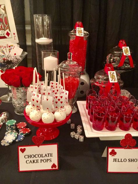 Casino Theme Snack Table, Casino Night Party Food Ideas, Vegas Party Theme Food, Casino Night Menu Ideas, Gamble Party Ideas, Casino Night At Home Parties, Casino Night Food Ideas Las Vegas, Card Party Theme Decor, Casino Party Appetizers