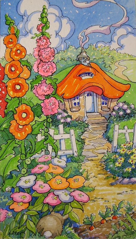 Whimsical Garden Art Painting, Garden With Flowers Drawing, Drawings Of Gardens, Whimsical Garden Drawing, Drawing Garden Easy, Spring Garden Drawing, Whimsical Garden Illustrations, Cottage Garden Drawing, Flower Garden Doodle