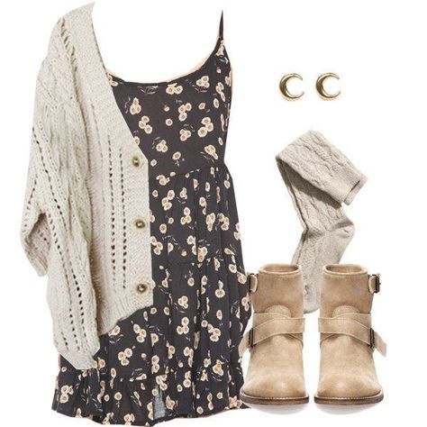 cute fall-winter outfit...could even wear with black/dark grey tights August Outfits Women Work, Boho Chic Fall Outfits, Polyvore Outfits Fall, Boots Floral, Grey Tights, Dress Cardigan, Mode Boho, Styl Retro, Modieuze Outfits