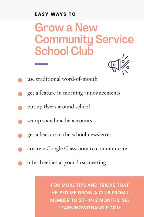 One of the best community service projects for teens in high school is starting a club. By starting a club, you'll be able to guide other students in improving your school and local community. However, while starting a club may seem like a daunting task, there are actually several easy ways to attract students to join. Check out this post for 11 easy and effective methods to get more students involved in your club. Service Projects For Teens, Service Learning Projects, Community Service Ideas, Morning Announcements, College Club, Service Club, Community Service Projects, School Newsletter, Values Education