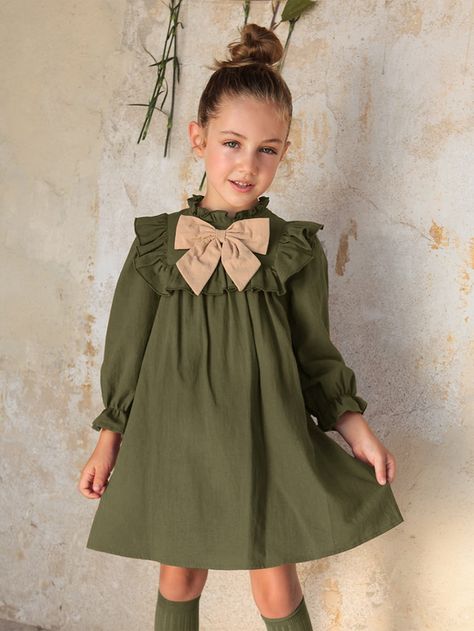 Army Green Cute Collar Long Sleeve Woven Fabric Plain Smock Embellished Non-Stretch  Toddler Girls Clothing Smocked Dresses, Short Girl Fashion, Cottagecore Dresses, Semi Formal Outfits, Girls Winter Dresses, Chiffon Dress Long, Girl Dress Patterns, Old Dresses