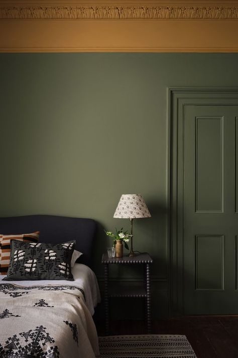 Picture of a peaceful bedroom design Office 2023, Olive Green Walls, Wooden Trim, Peaceful Bedroom, Paint And Paper Library, Sandberg Wallpaper, Palette Ideas, Paint Paper, Green Paint Colors